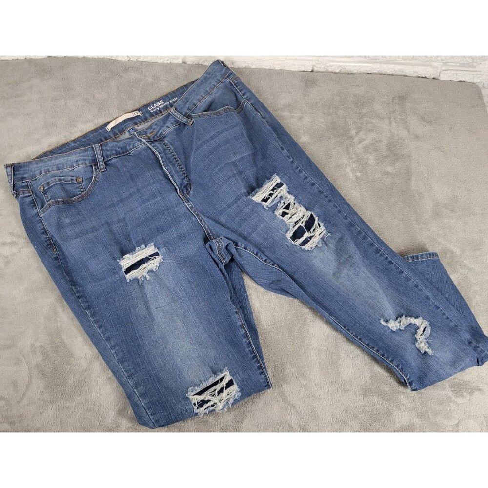 IT Women's 22 Plus Skinny Ankle Jeans Distressed Blue Elastic Waist SKI17E